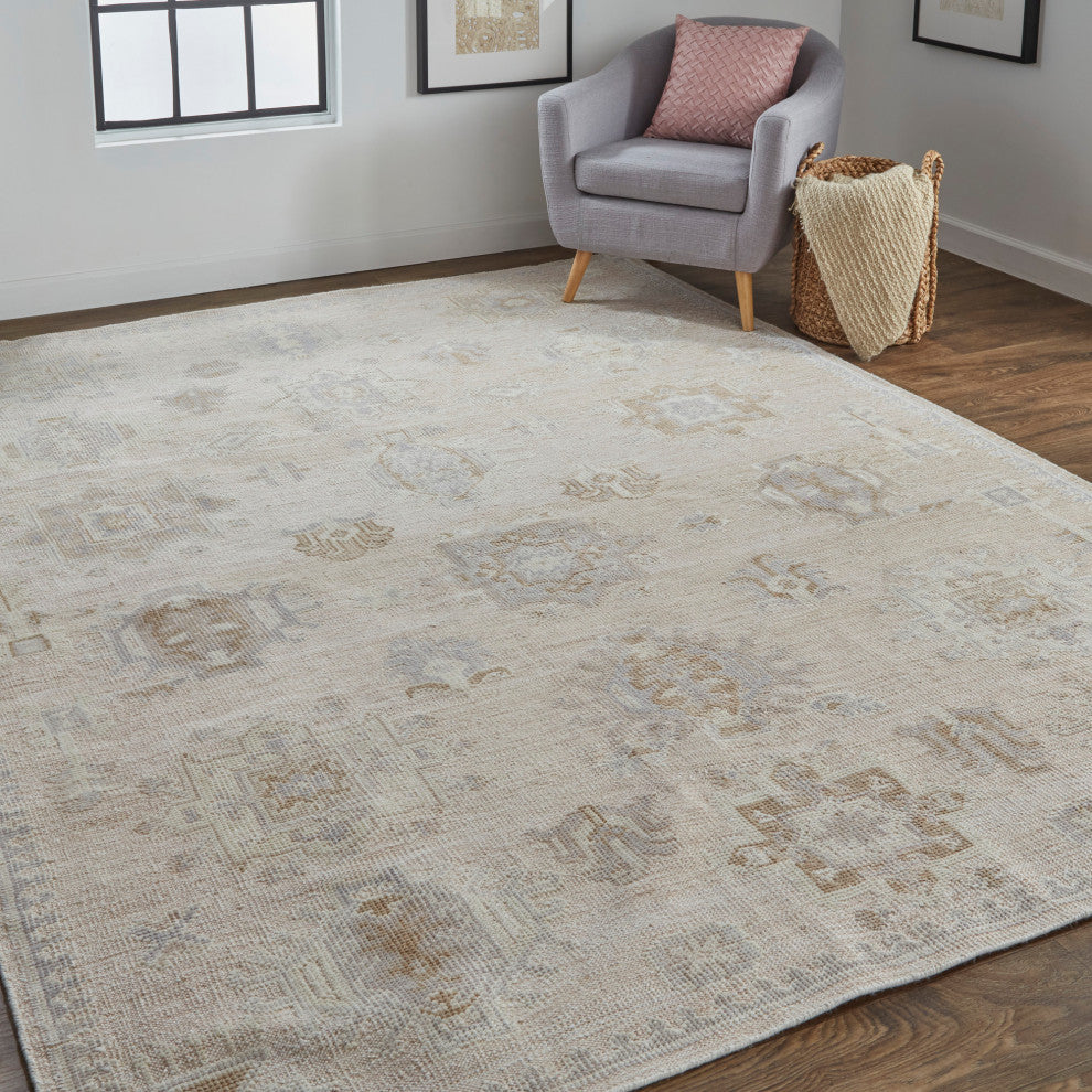 Weave & Wander Tierney Eco Friendly PET Oushak Rug, Ivory/Tan/Opal Gray, 5' X 8'