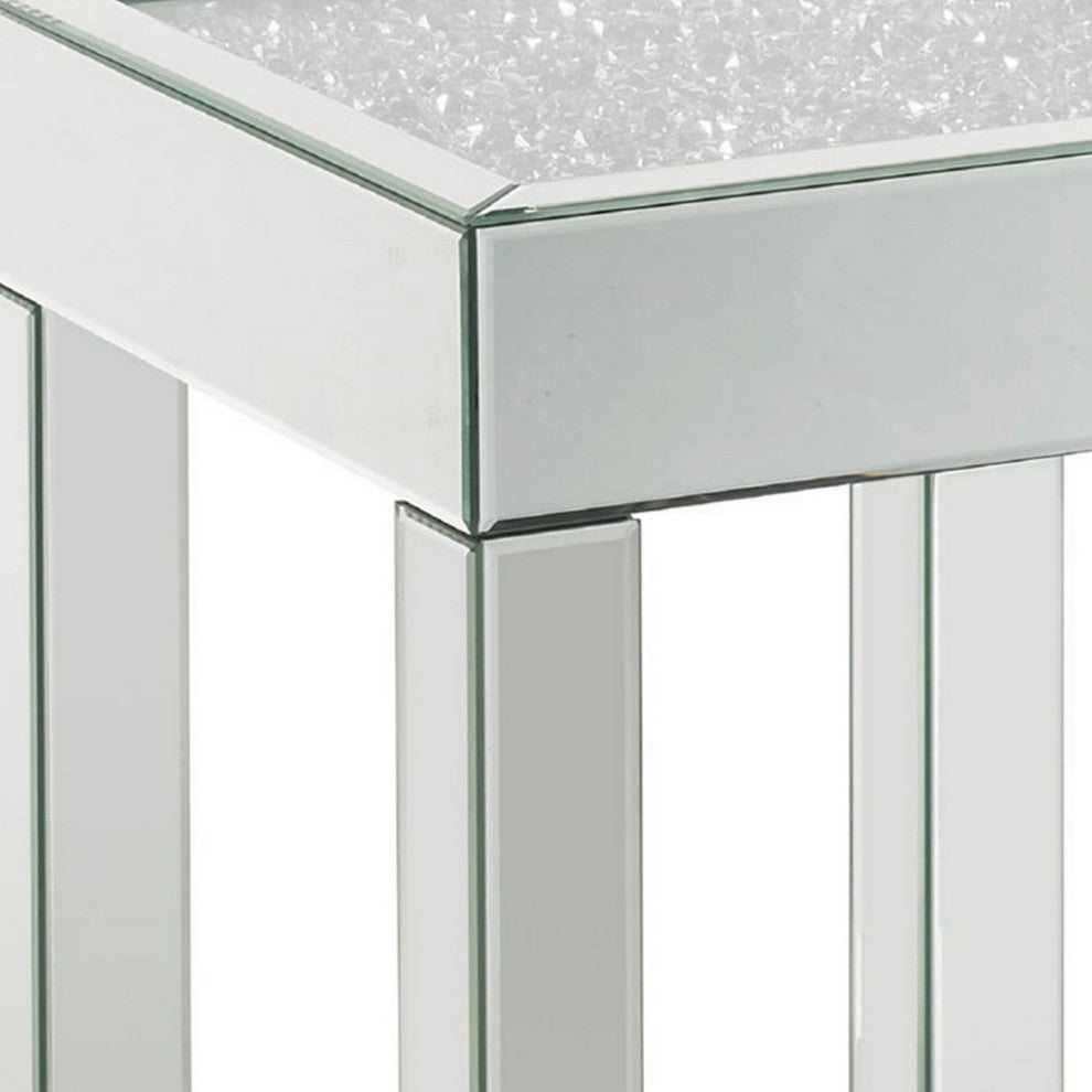 Benzara BM250372 End Table With Faux Acrylic Diamond Top and Block Legs, Silver