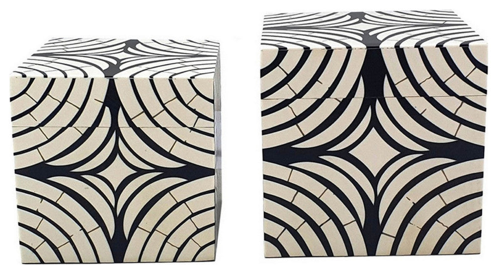 8, 7 Inch Storage Box Set of 2, Wood Frame, Black and White Trellis