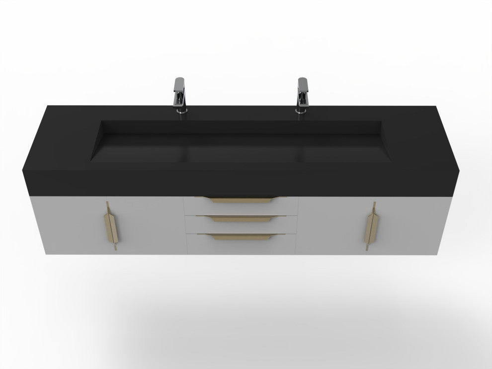 CastelloUSA Nile 72" Wall Mounted Bathroom Vanity Set, Gray, Black Top, Gold Handles