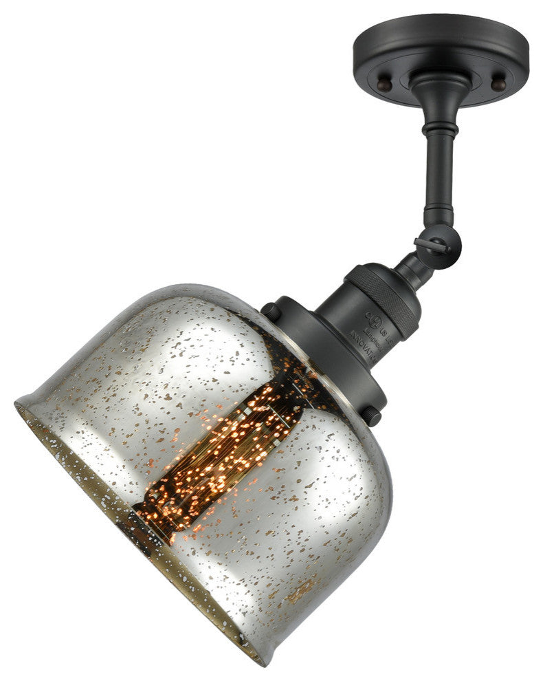 Large Bell 8" Semi-Flush Mount, Matte Black, Glass: Silver Mercury