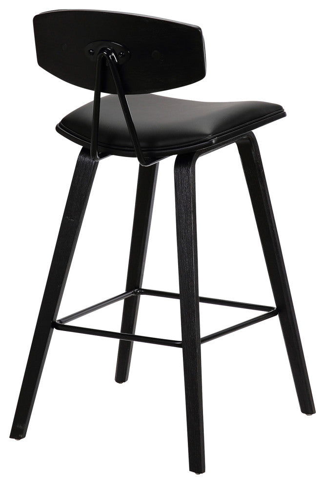 Fox 28.5" Mid-Century Bar Height Barstool, Black Faux Leather