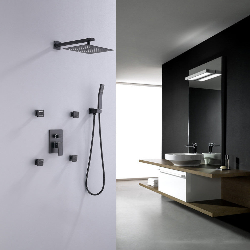 Luxury Pressure Balance Shower System W/ Body Sprays & Rough-In Valve, Matte Bla
