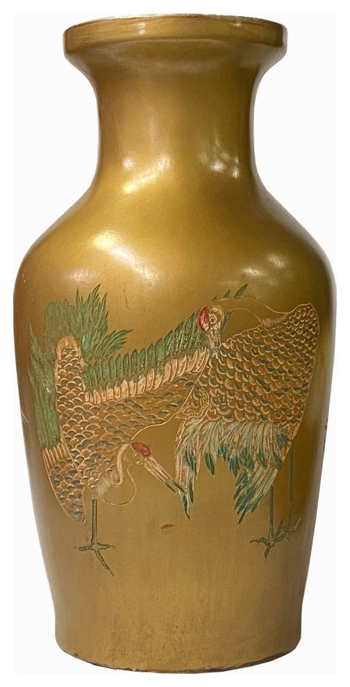 Vintage Handmade Chinese Matte Gold Paint Cranes Motif Vase Hws1847