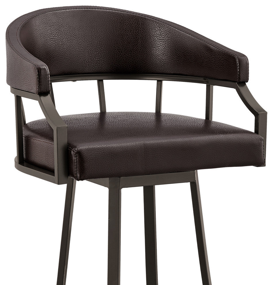 Valerie Swivel Brown Faux Leather and Java Brown Metal Bar Stool, Brown/Java Brown, Bar Height