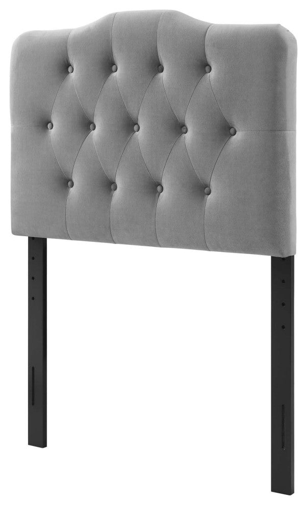 Contemporary Modern Twin Size Tufted Headboard, Velvet Fabric, Grey Gray
