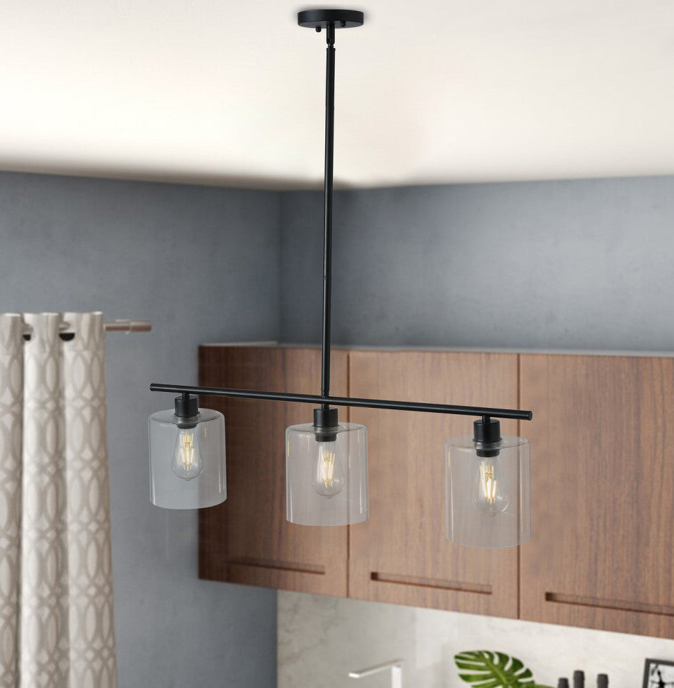3-Light Kitchen Island Light Black Wrought Iron Linear Chandelier, Black
