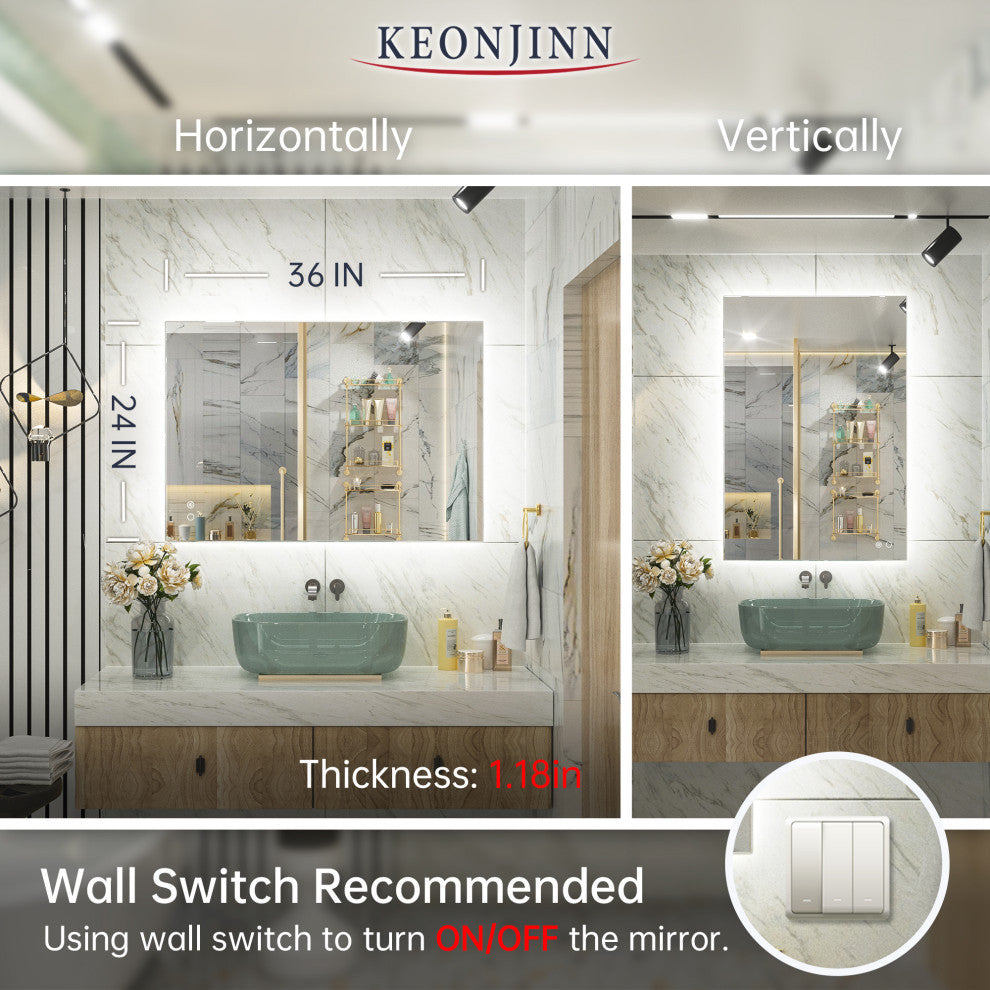 Backlit LED Mirror for Bathroom, Anti-Fog Dimmable, Silver, 24x36