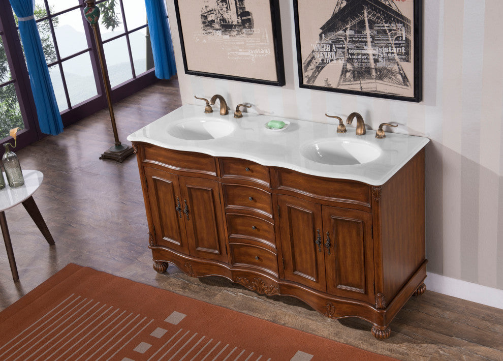 48" Single Bathroom Vanity, Teak Color With ivory white engineered marble, 60