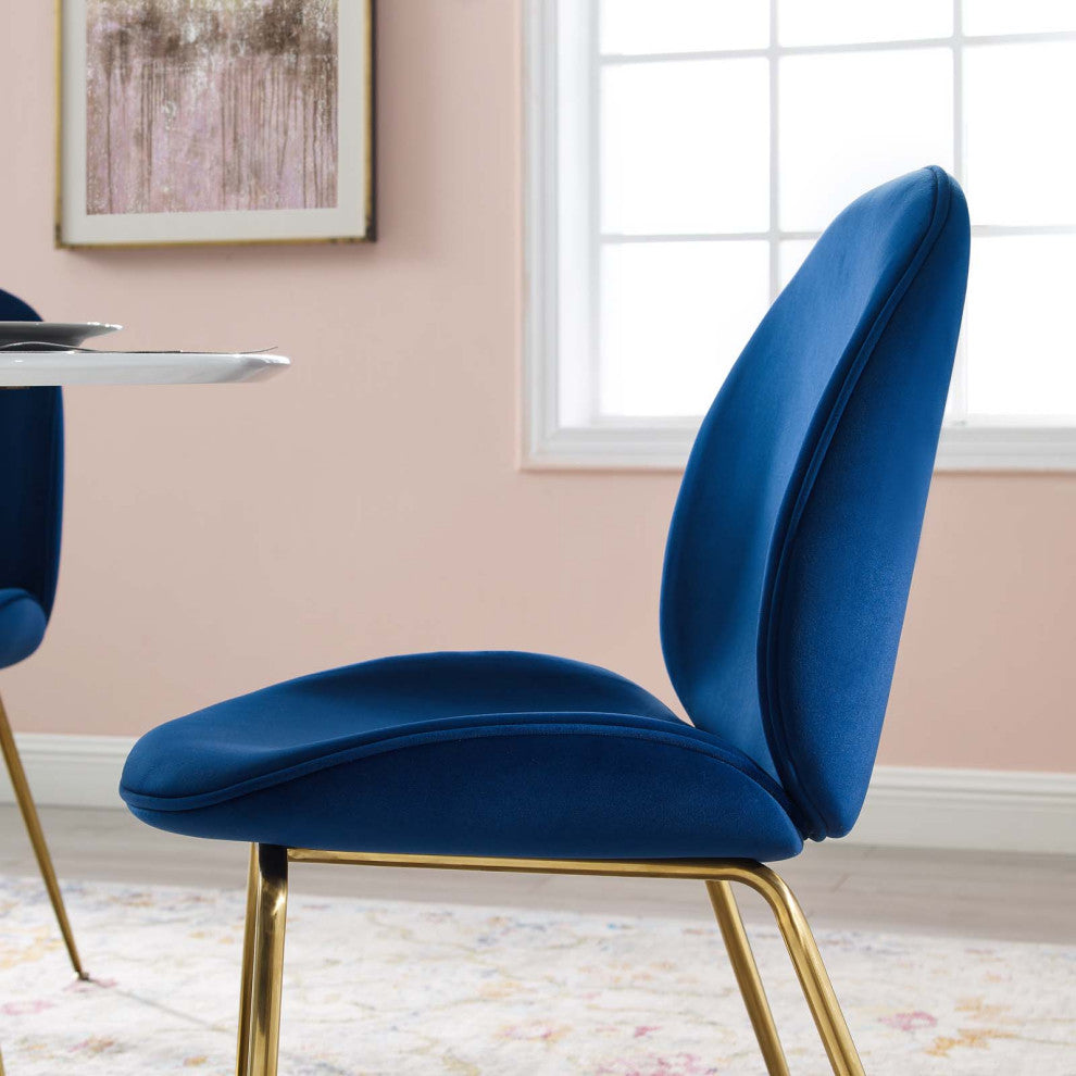 Contemporary Dining Room Side Dining Chair, Velvet Stainless Metal, Navy Blue