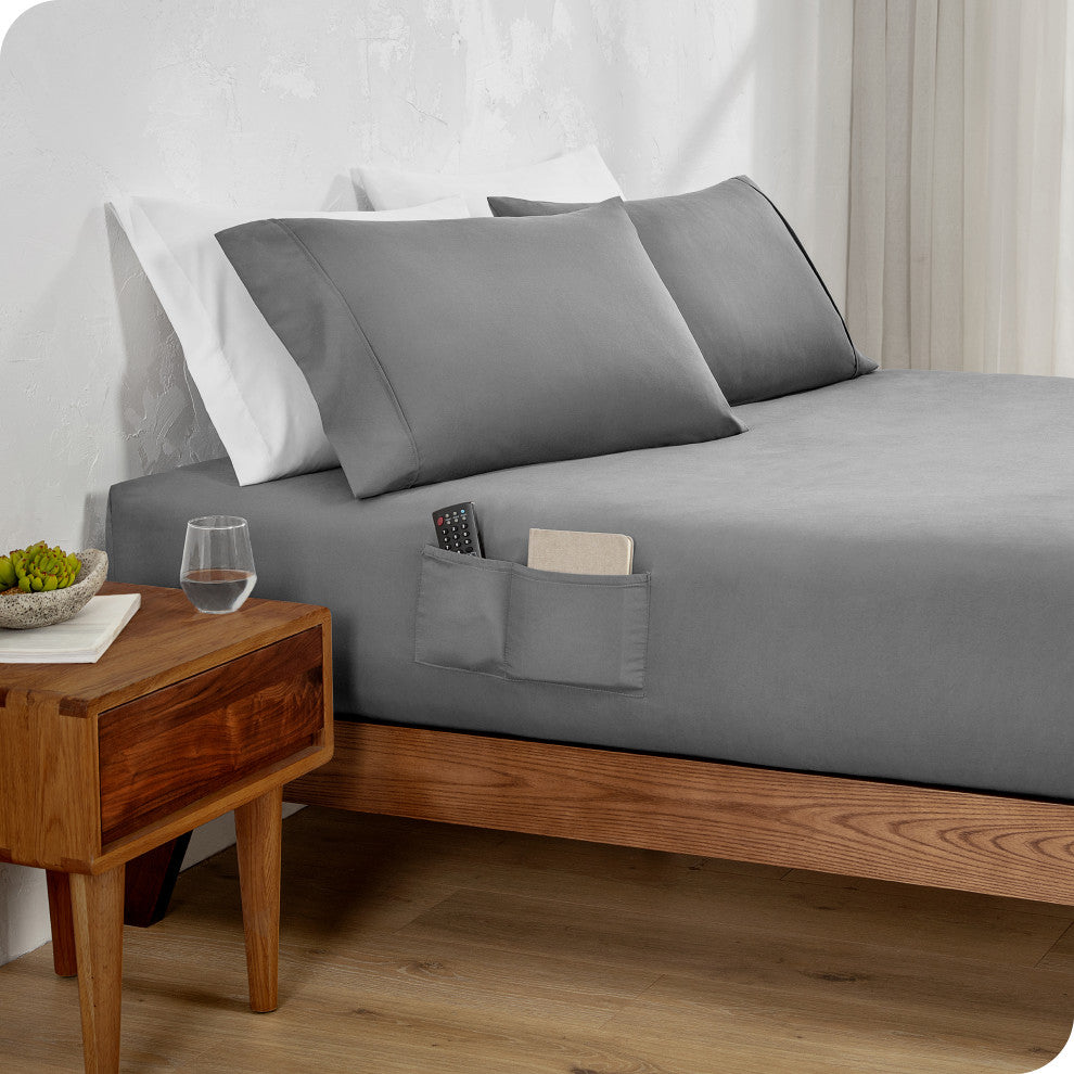Fitted Dual Pocket Bottom Sheet 1800 Microfiber Ultra-Soft, Gray, Cal King