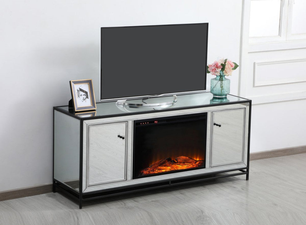 Jesse 60" Mirrored TV Stand With Wood Fireplace, Black