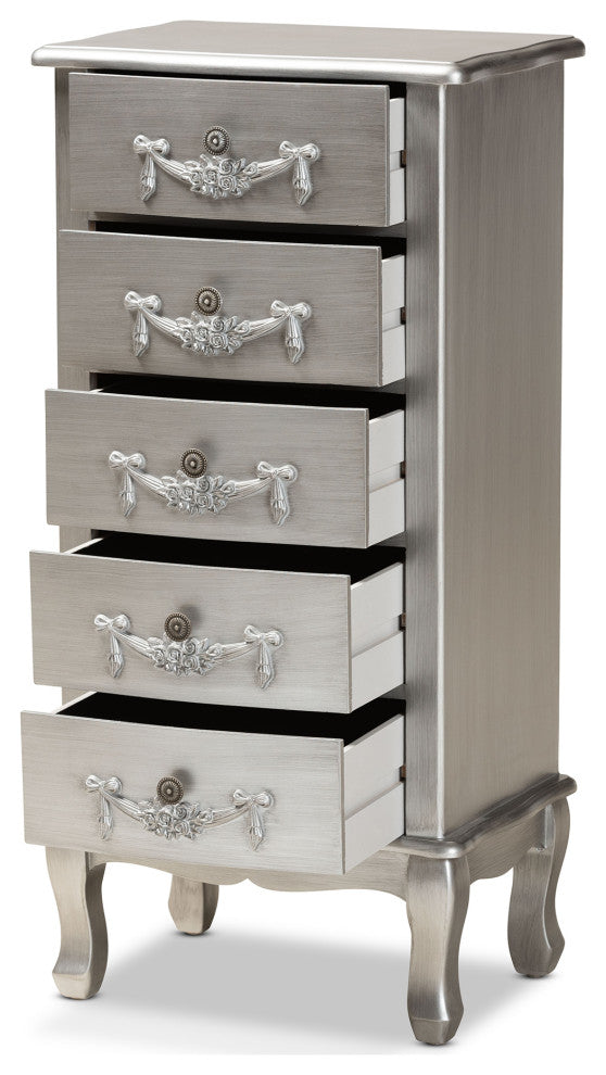 Callen Classic and Traditional Brushed Silver Finished Wood 5-Drawer Chest