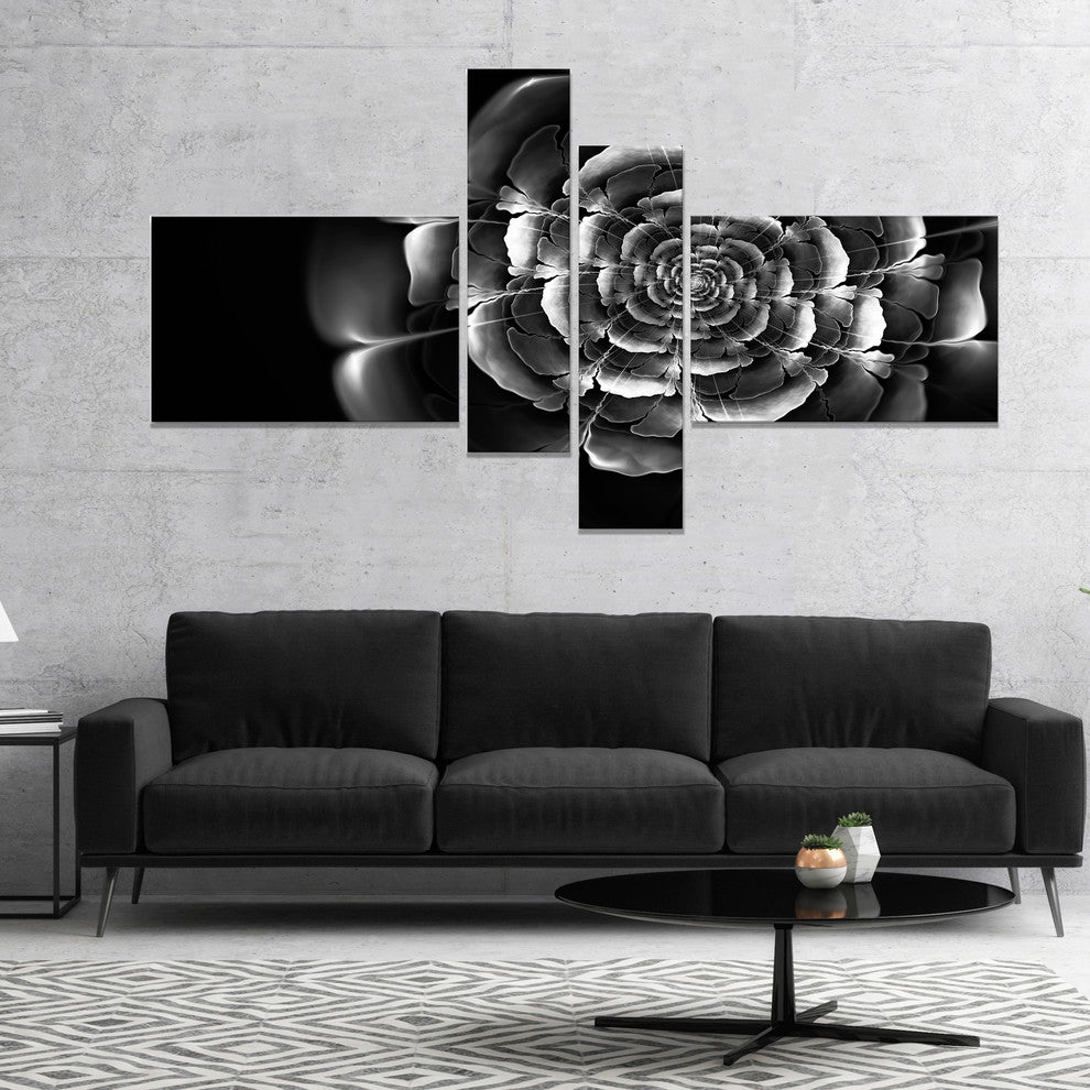 Fractal Silver Rose in Dark, Floral Canvas Art print, 60"x32", 4 panels
