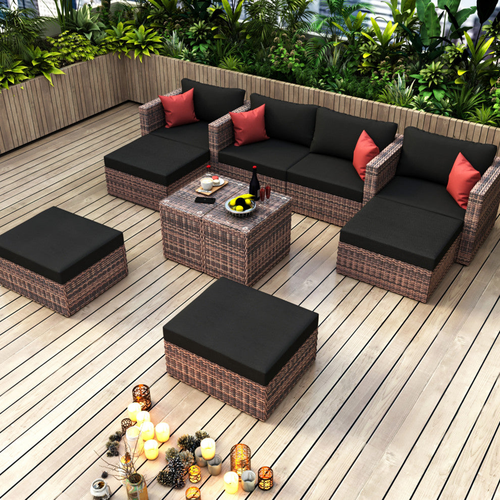 10-Pieces Wide Outdoor Wicker Reversible Patio Sectional With Cushions