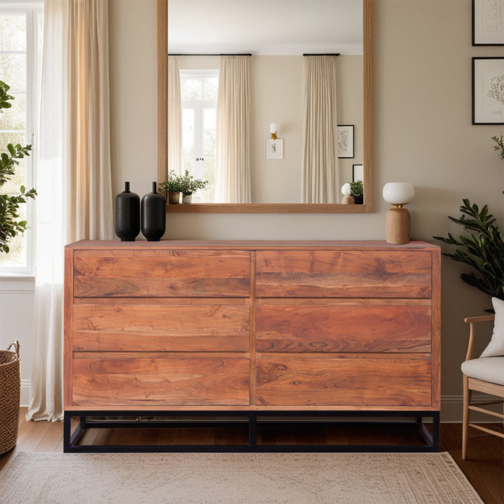 Modern Acacia Wood Dresser or Display Unit With Metal Base Walnut Brown/Black