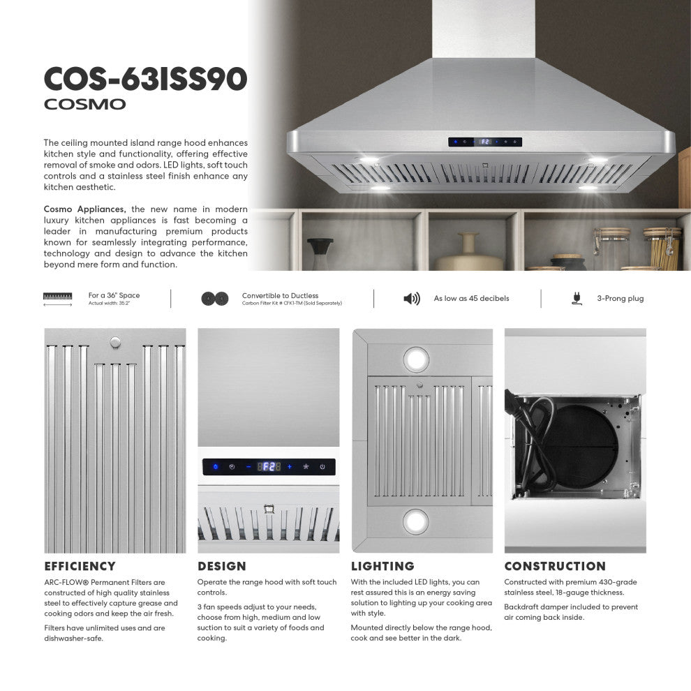 36" 380 CFM Ducted Island Range Hood with LED Lighting in Stainless Steel