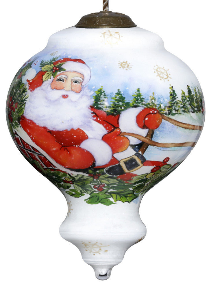 Santa Riding a Sleigh Hand Painted Mouth Blown Glass Ornament