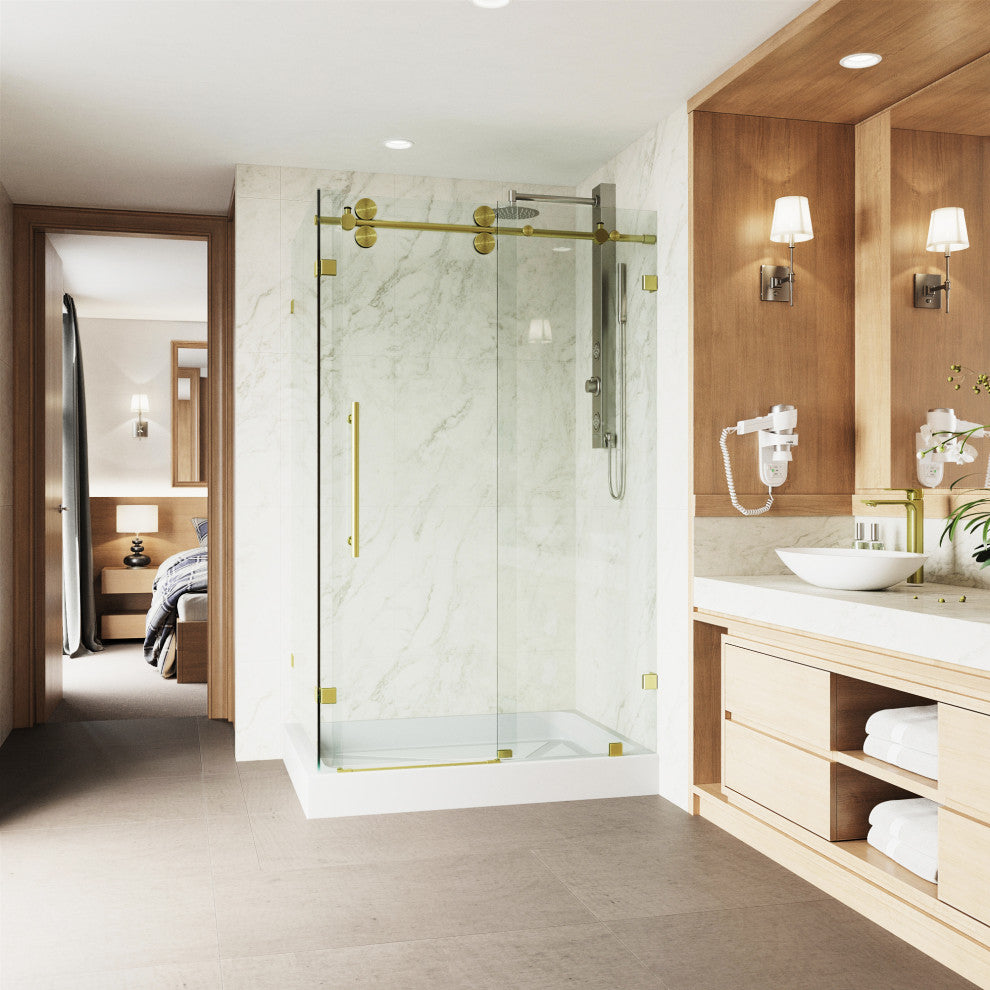VIGO Winslow Frameless Sliding Shower Enclosure, Matte Brushed Gold, 36" D X 48" W X 80" H, Right Drain Base
