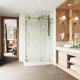VIGO Winslow Frameless Sliding Shower Enclosure, Matte Brushed Gold, 36" D X 48" W X 80" H, Right Drain Base