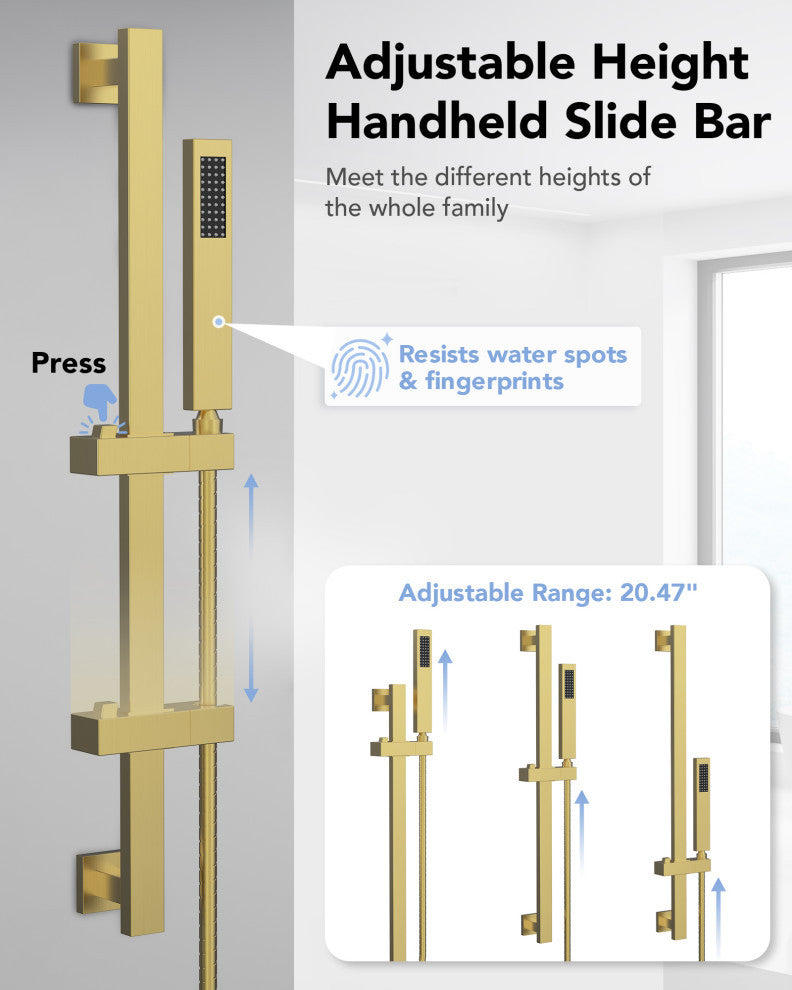 Thermostatic Shower Faucet 12" Rain Shower Head with Handheld Slide Bar System, Brushed Gold
