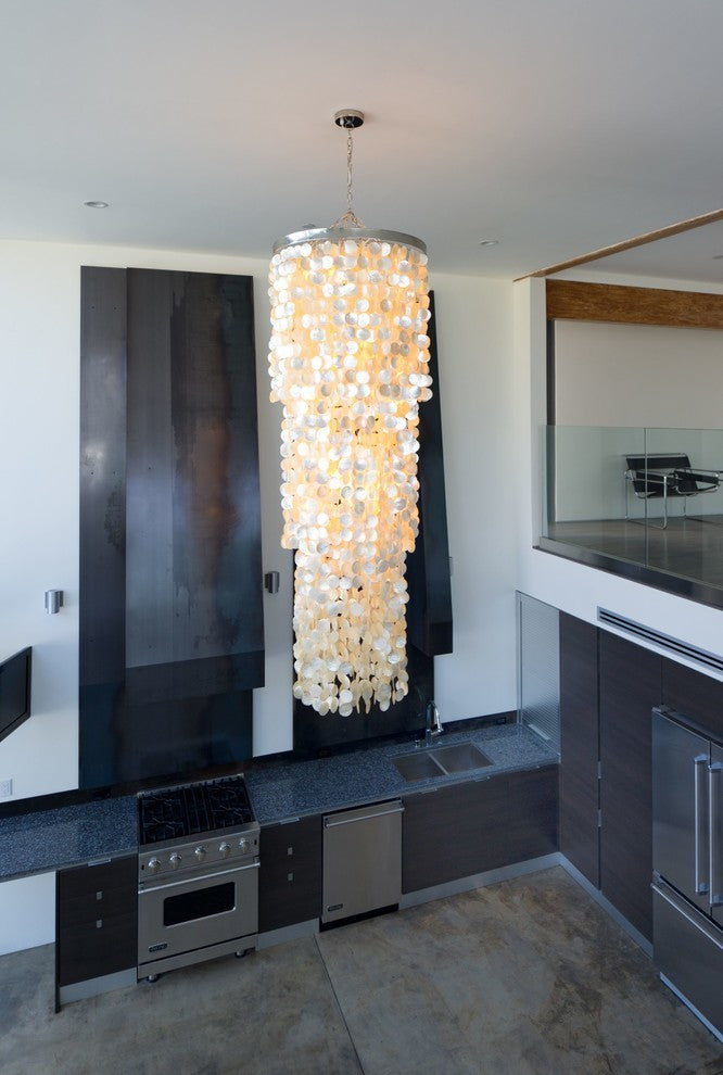 Round King Size Chandelier With Round Capiz Seashells, Champagne