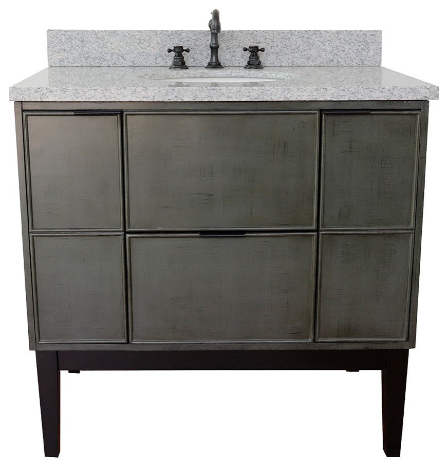 37" Single Vanity, Linen Gray Finish With Gray Granite Top And Oval Sink
