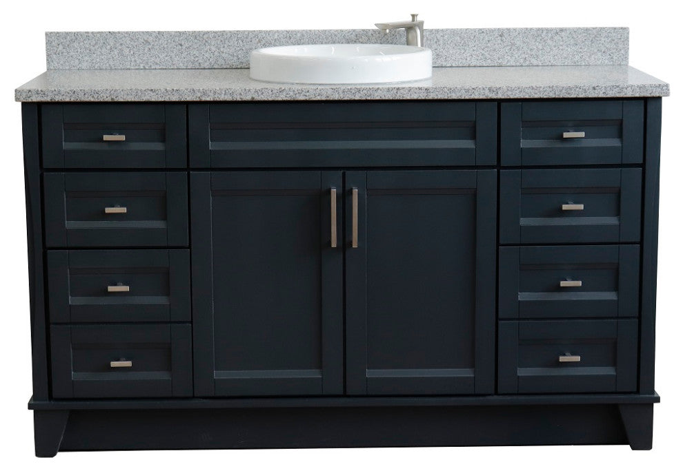61" Single Sink Vanity, Dark Gray Finish And Gray Granite And Round Sink