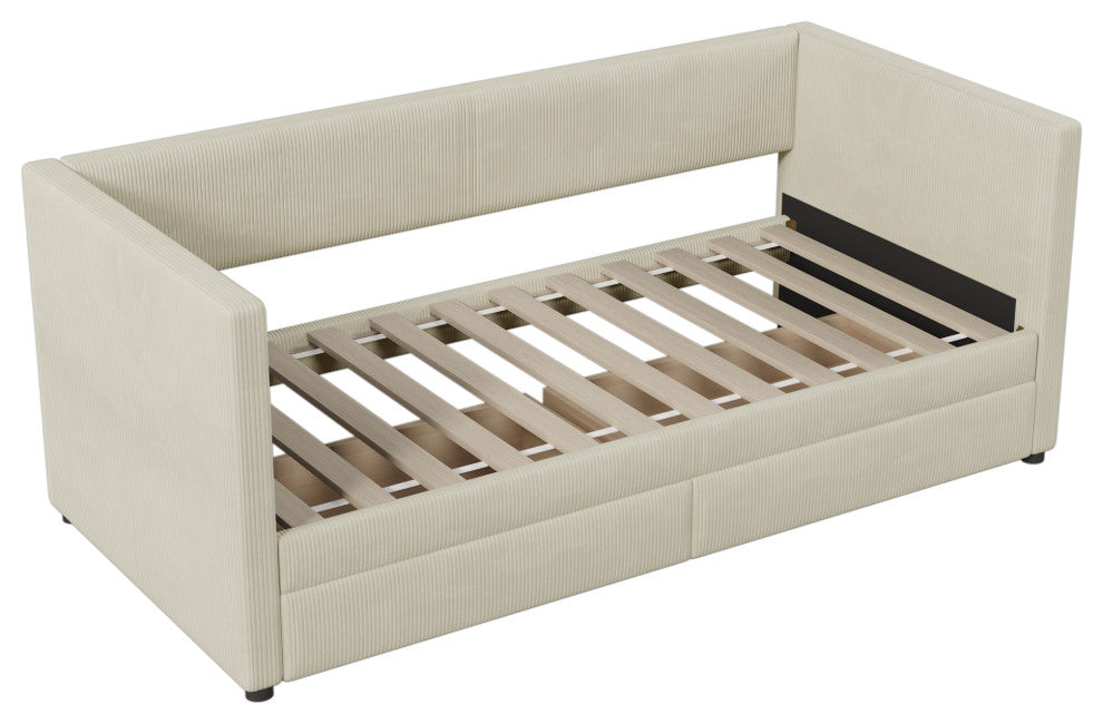Gewnee Twin Size Corduroy Daybed with Two Drawers and Wood Slat in Beige