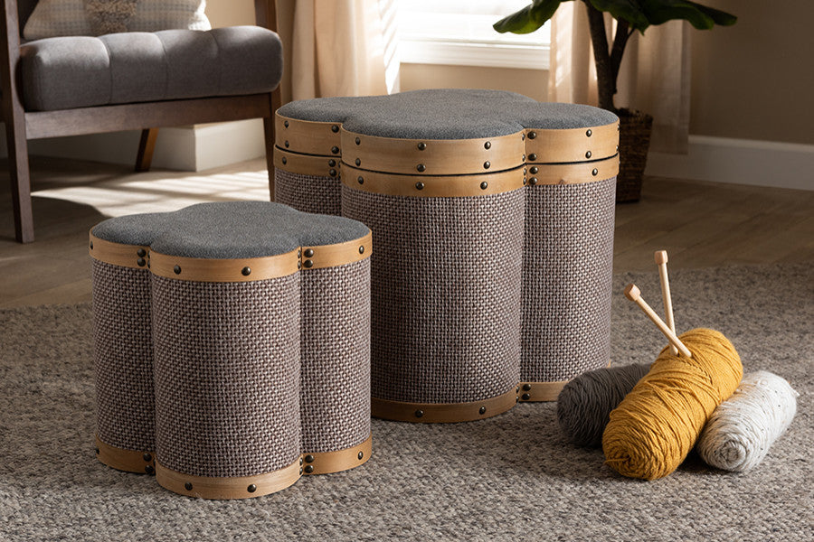 Grey and Brown Fabric Upholstered 2-Piece Clover Shaped Storage Ottoman Set
