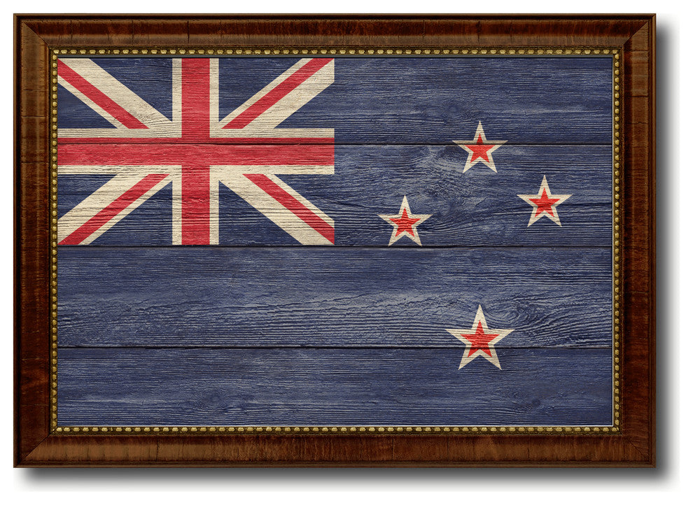 New Zealand Country Textured Flag Print With Brown Gold Frame, 23"X33"
