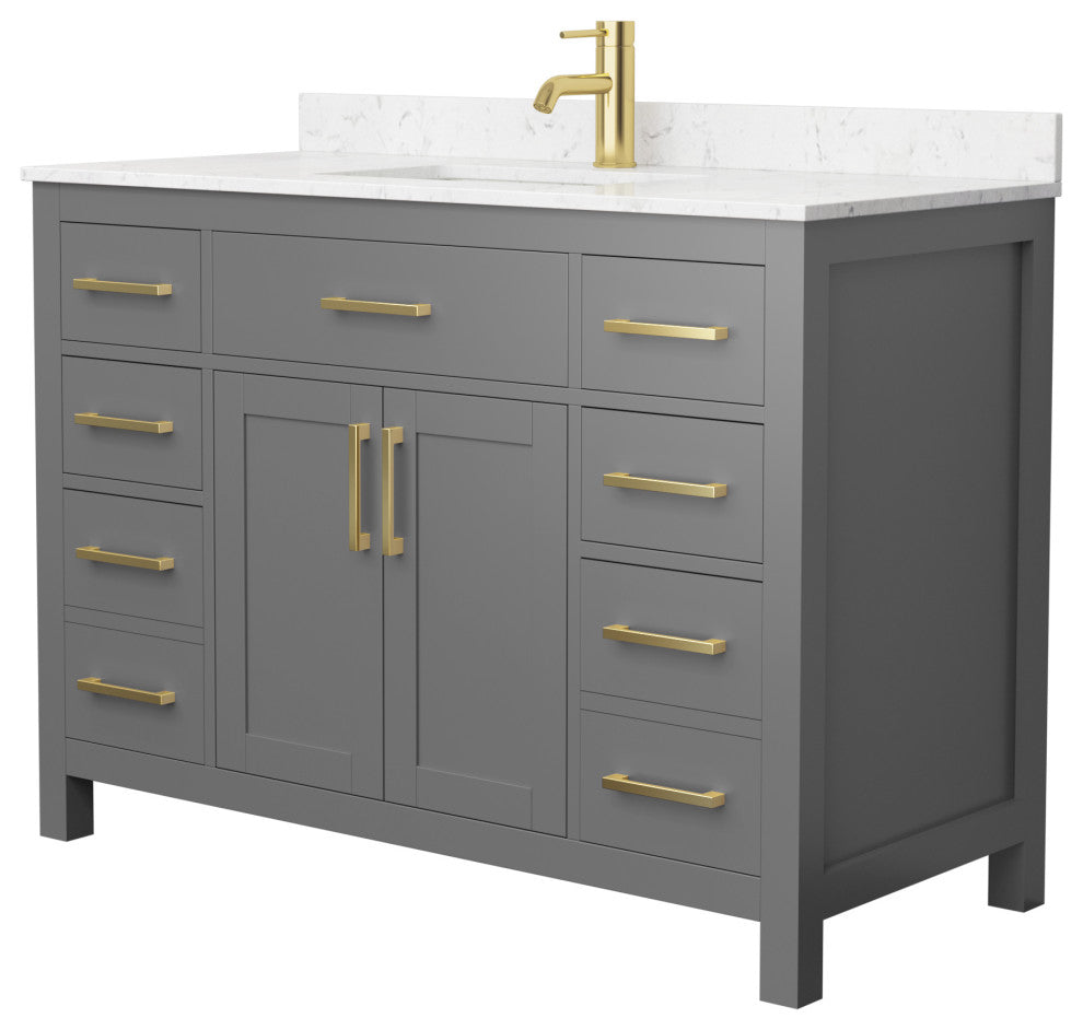 48"SGL Vanity Dark Gray, Carrara Cult. Marble Countertop, Sink, Gold Trim