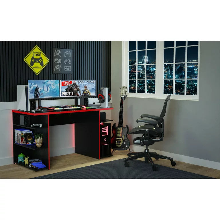 Modern Desk, Wooden Construction With Multiple Open Shelves & Large Top, Red