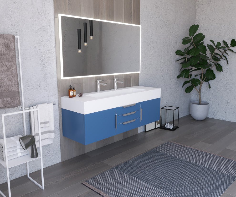 CastelloUSA Nile 60" Wall Mounted Vanity Set, Blue, White Top, Chrome Handles