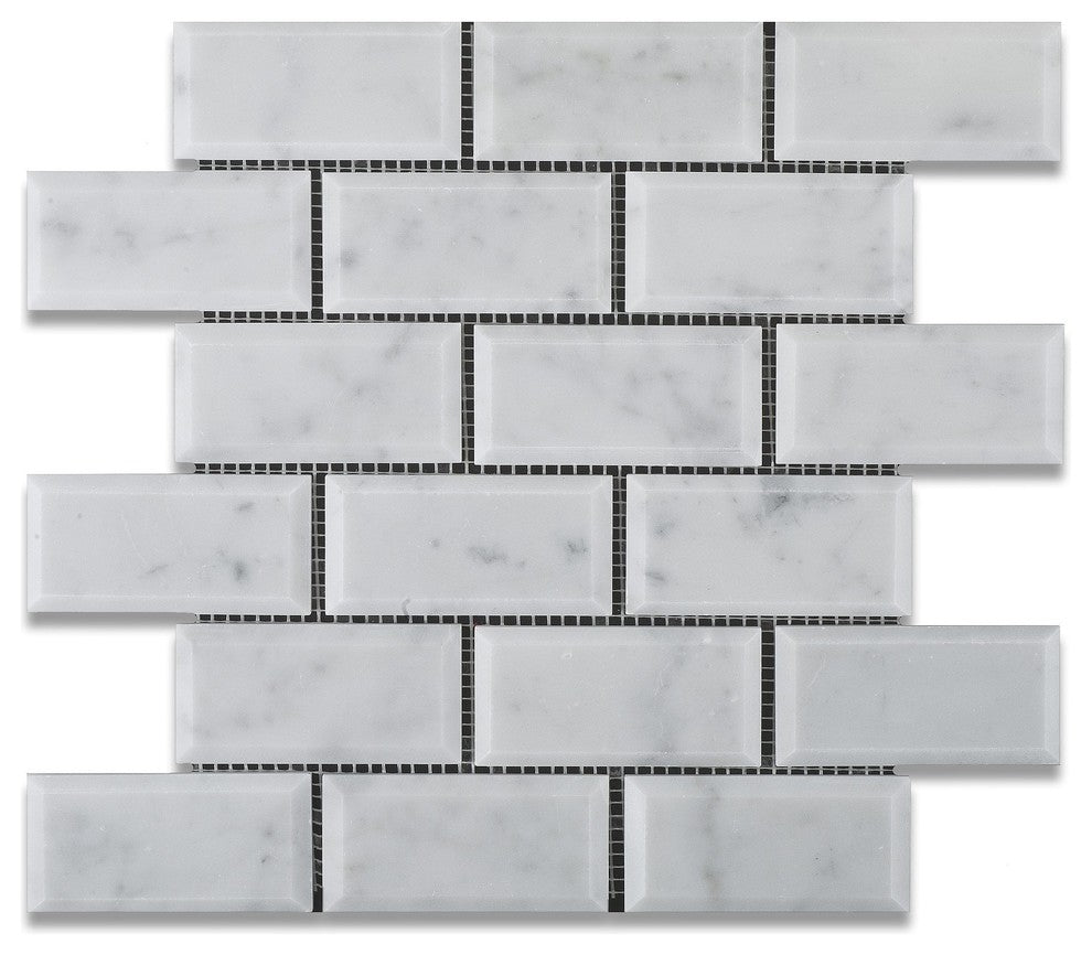 2 X 4 Carrara White Marble Polished & Beveled Brick Mosaic Tile