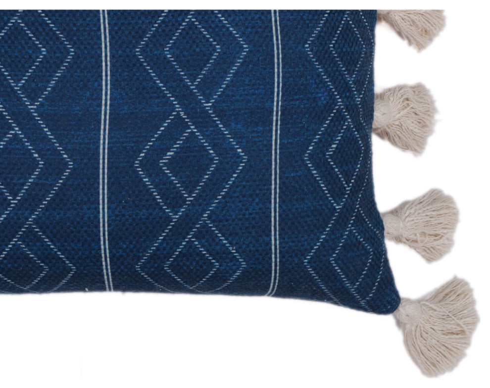 Navy Blue Machine Woven with Tassels Frawley Throw Pillow, 16" x 26"