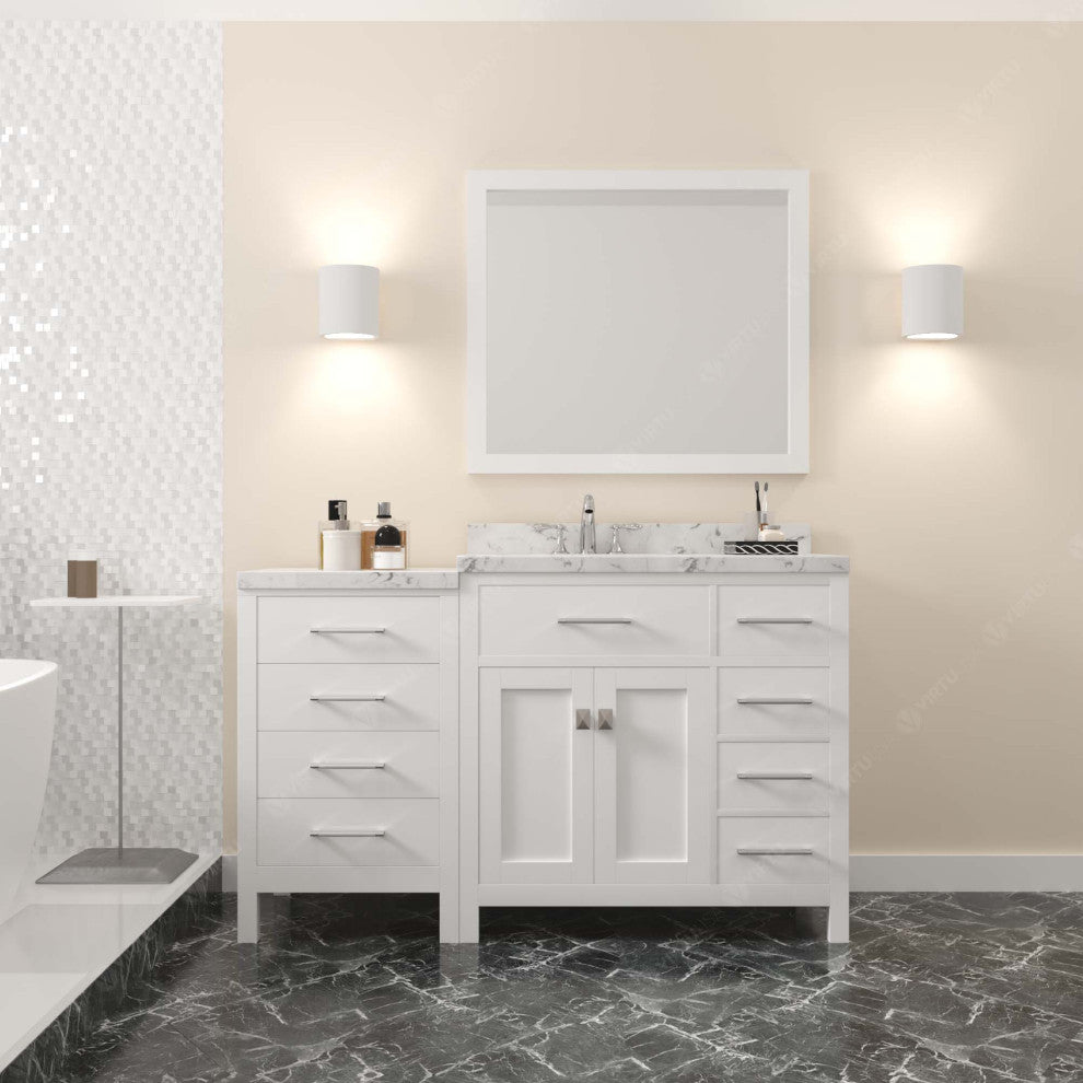 Caroline Parkway 57" Bath Vanity, White With Marble Quartz Top