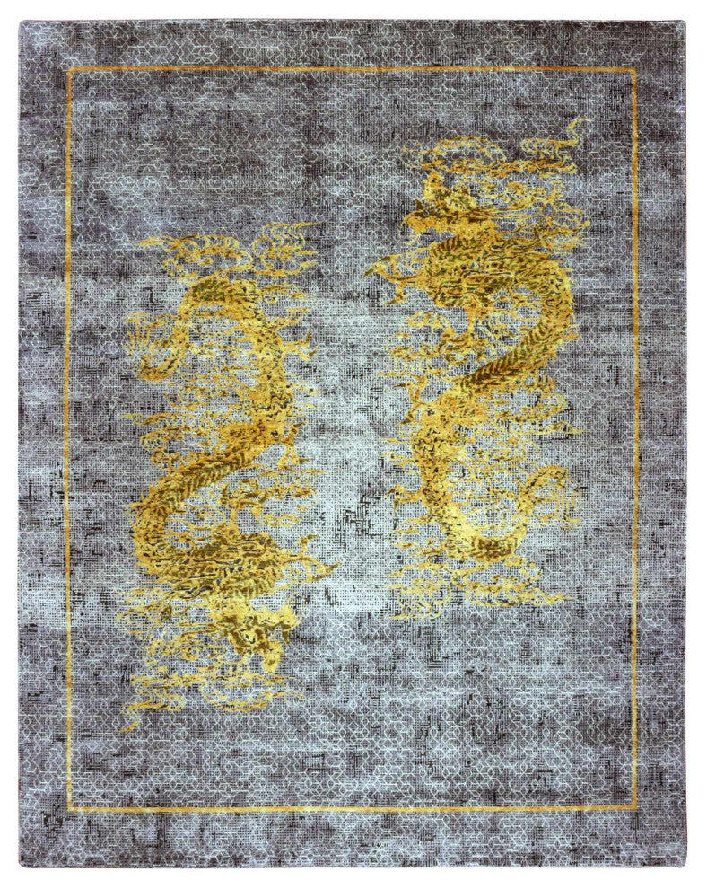 Gray Golden Dragons Chinese Inspired Wool  and Silk Hand Knotted Rug 8'x10'3"