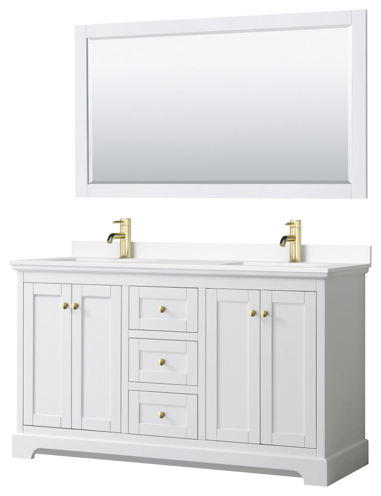 60"DBL Vanity White, White Cult. Marble Countertop, Sinks, 58"Mirror, Gold Trim