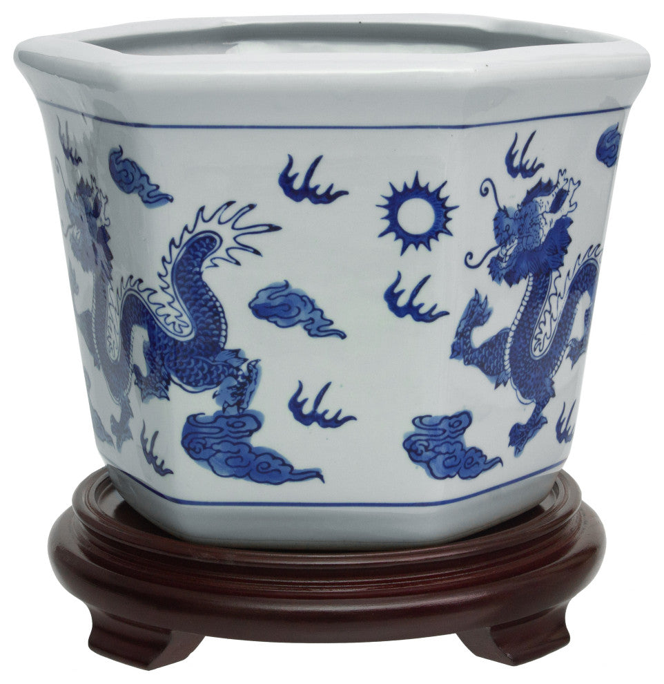10" Dragon Blue and White Porcelain Flower Pot