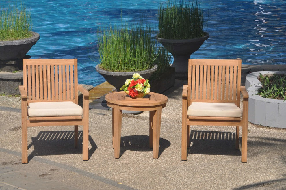 3-Piece Outdoor Patio Teak Dining Set, 23.5" Round Table, 2 Leveb Stacking Chair