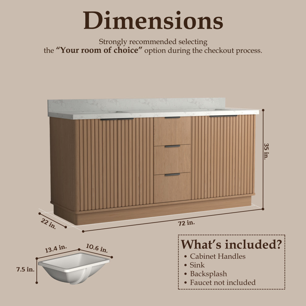 Kathryn Bathroom Vanity, Light Oak, 72", Double Sink, Freestanding