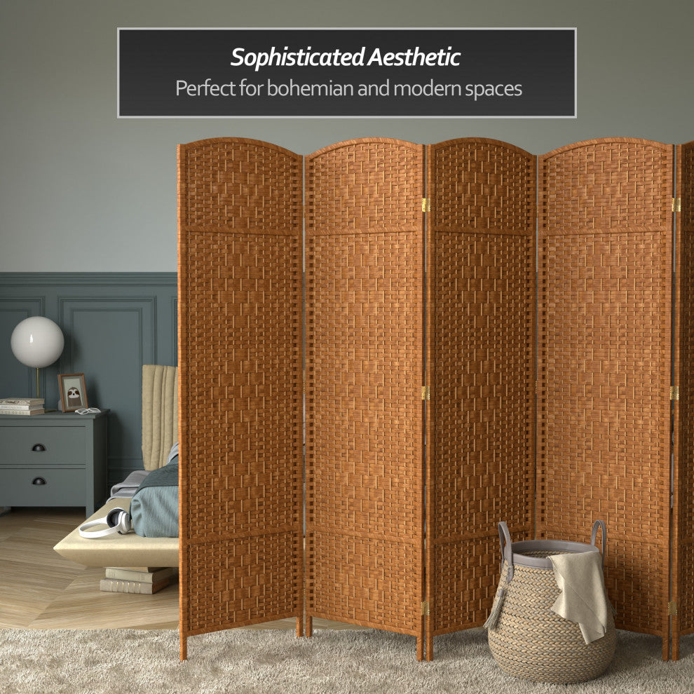 6' Tall Diamond Weave Fiber Room Divider, Dark Beige, 5 Panel