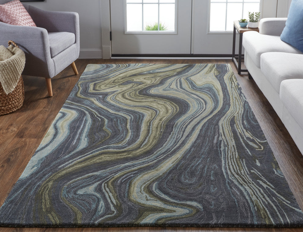 Weave & Wander Nakita Rug, Olive Green/Deep Gray/Blue, 2ft x 3ft Rug
