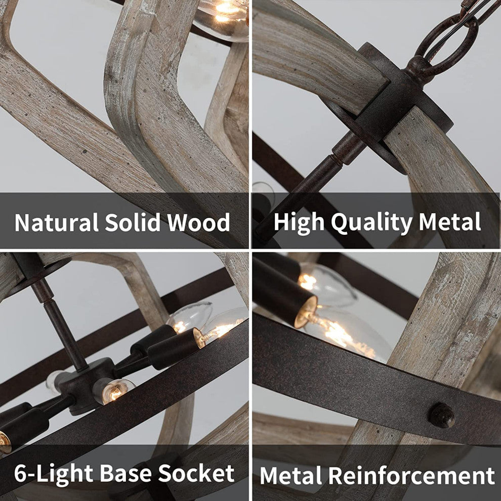 6 Light Wood Farmhouse Chandelier Rust Cage Vintage Pendant Hanging Light