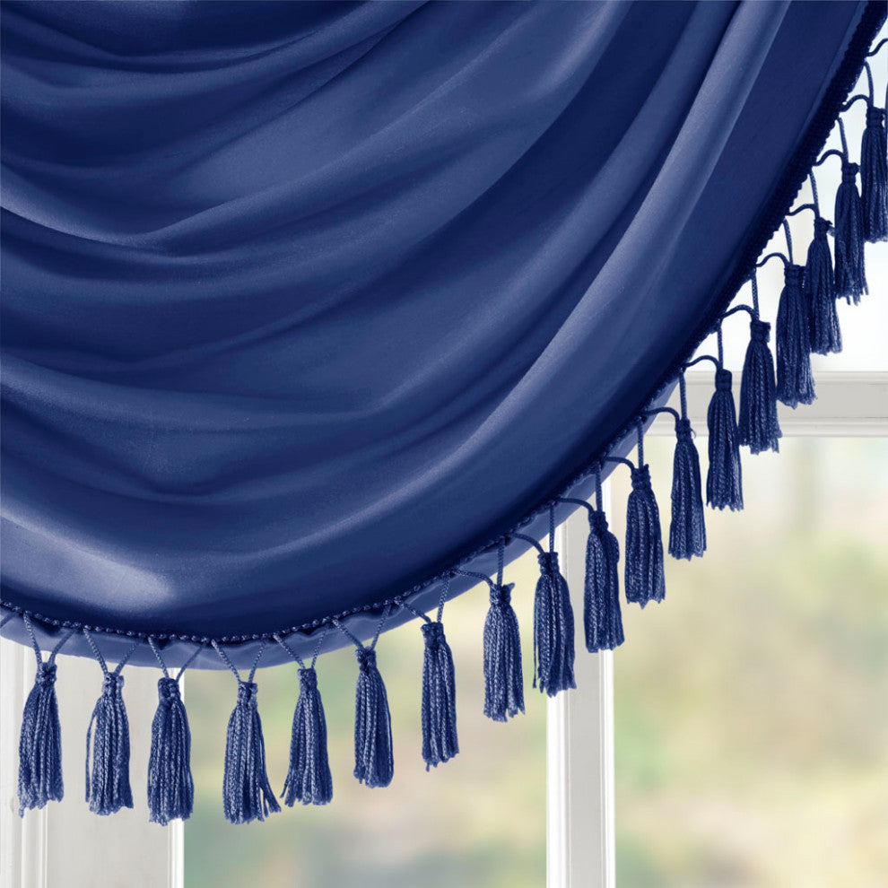 Madison Park Elena Faux Silk Waterfall Tassels Valance, Navy Blue