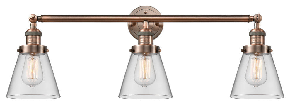 Small Cone 3-Light Bath Fixture, Clear Glass, Antique Copper