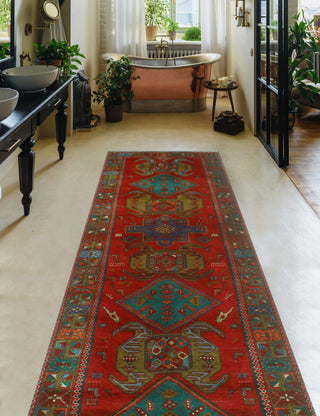 Fine Vintage Distressed Carolina Red/Navy Runner, 3'10x10'10