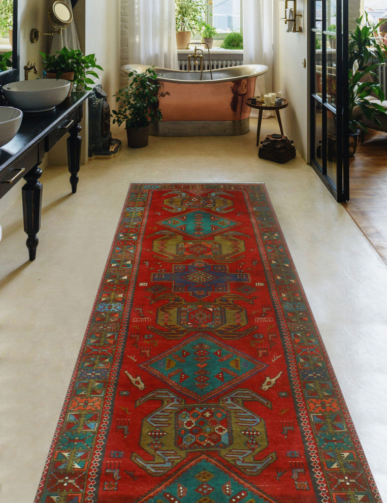 Fine Vintage Distressed Carolina Red/Navy Runner, 3'10x10'10