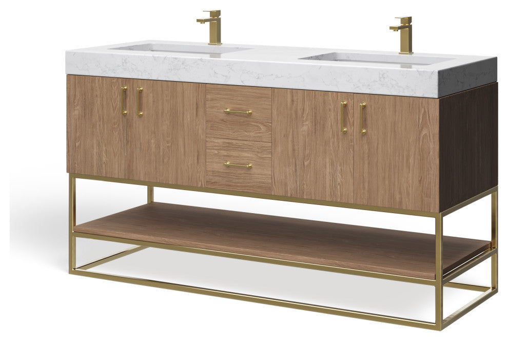 Bahia Bath Vanity, Oak, 60", Brushed Gold Hardware, Double, Freestanding